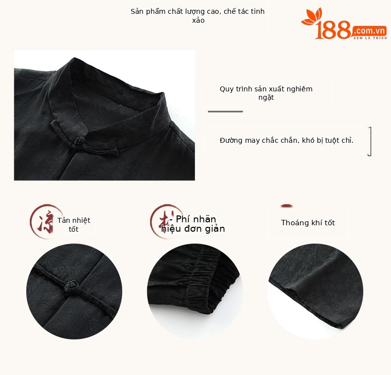 Bộ đồ lụa tơ tằm nam ngắn tay phong cách Trung Quốc — Bộ đồ dài tay nhăn G màu đen chi tiết 3
