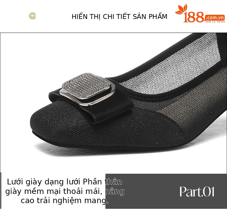 Giày nữ đầu vuông miệng nông lưới da gót vuông thấp xuân hè — 7135 Màu đen, 7135 màu mơ chi tiết 15