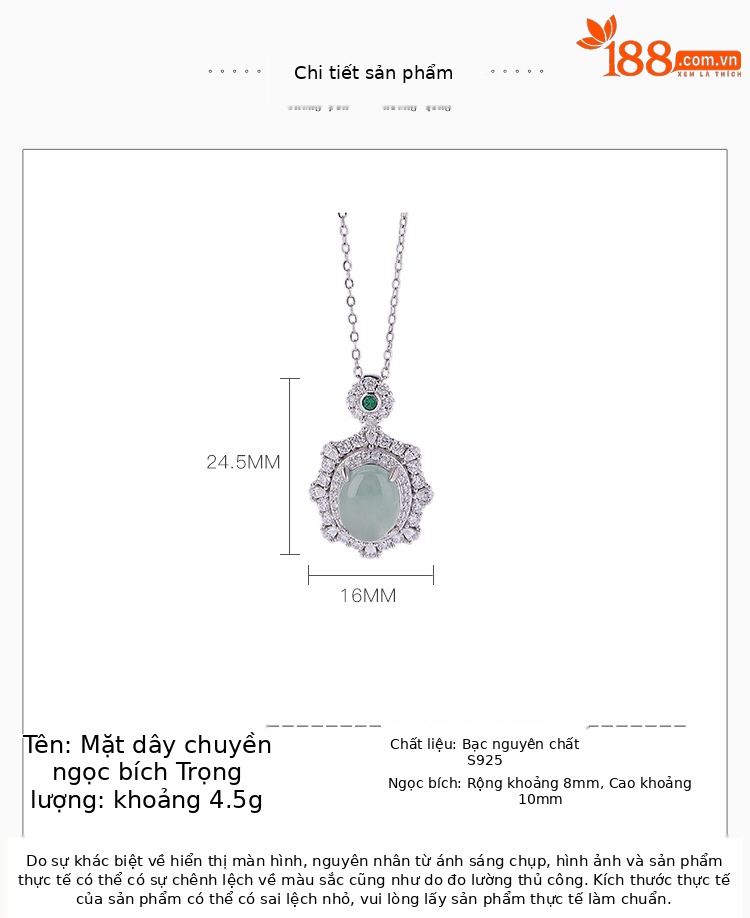 Mặt dây chuyền hình bầu dục ngọc bích xanh mạ bạch kim S925 — Mặt dây chuyền đơn (không có dây chuyền) chi tiết 2