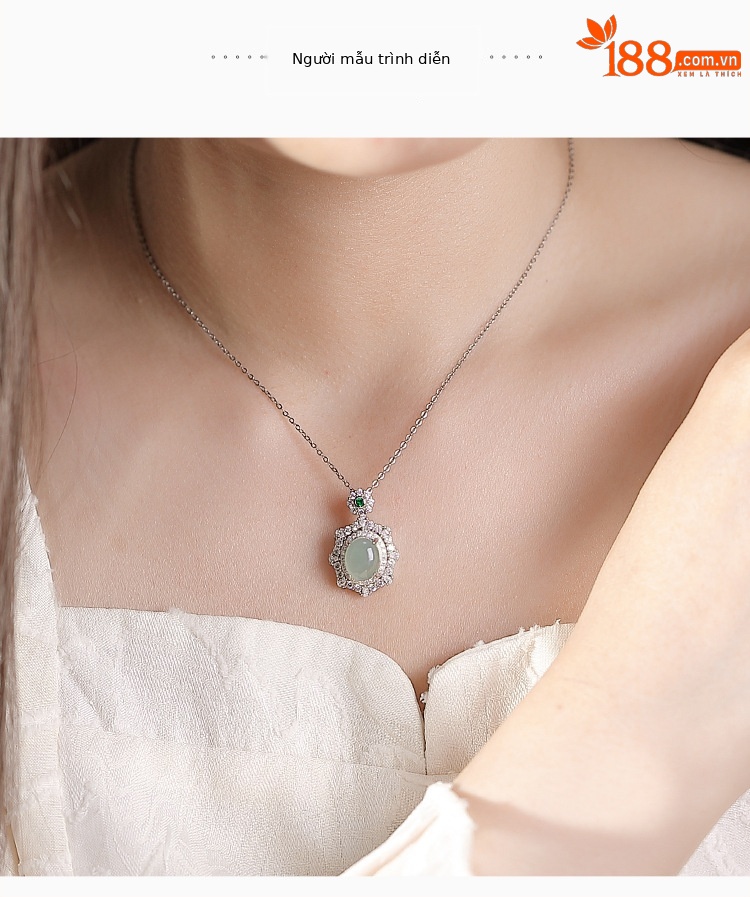 Mặt dây chuyền hình bầu dục ngọc bích xanh mạ bạch kim S925 — Mặt dây chuyền đơn (không có dây chuyền) chi tiết 4