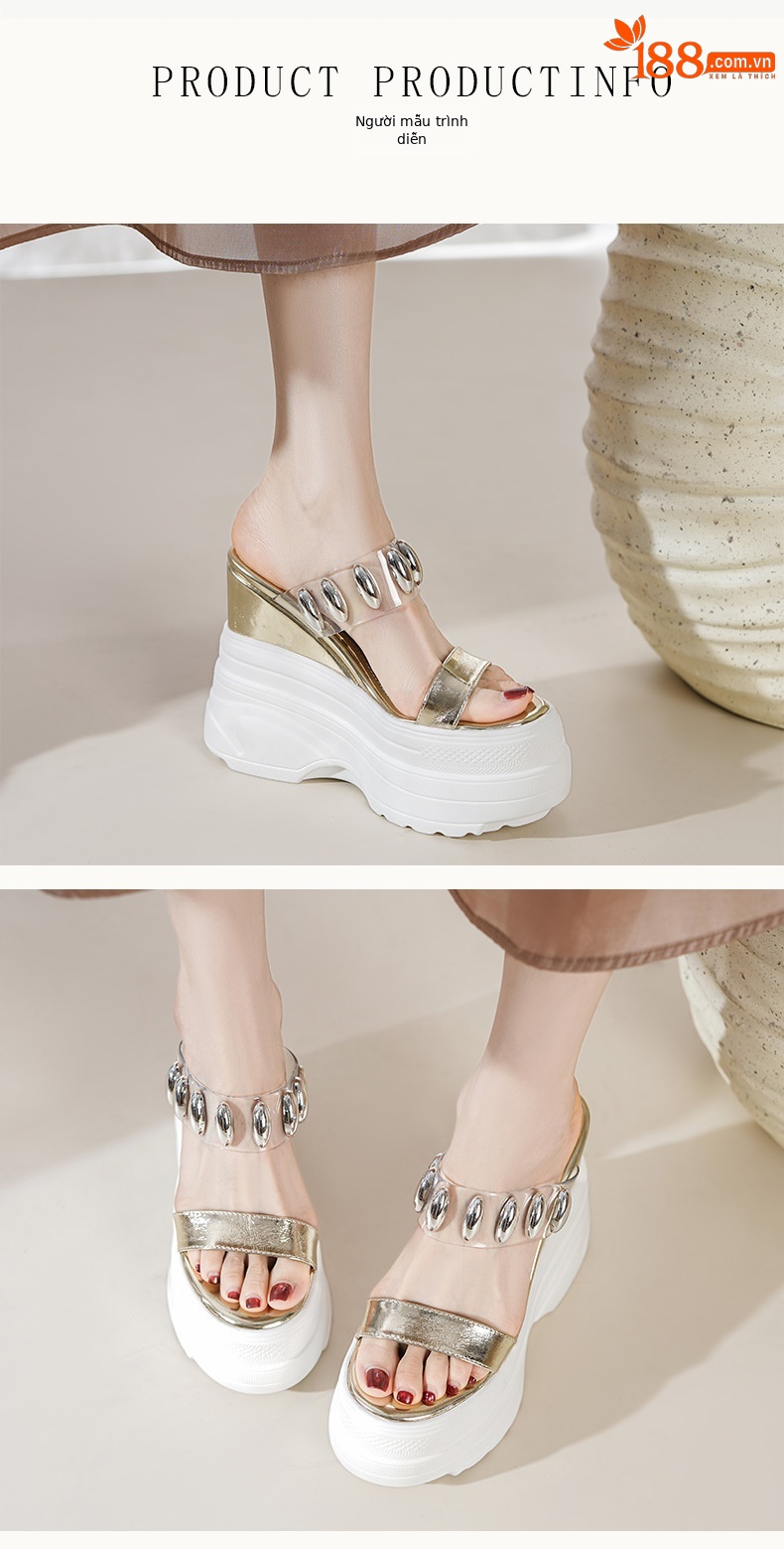 Dép xỏ ngón đế xuồng siêu cao gót 14cm Yichuan – Sandal hè tăng chiều cao — vàng, bạc chi tiết 2