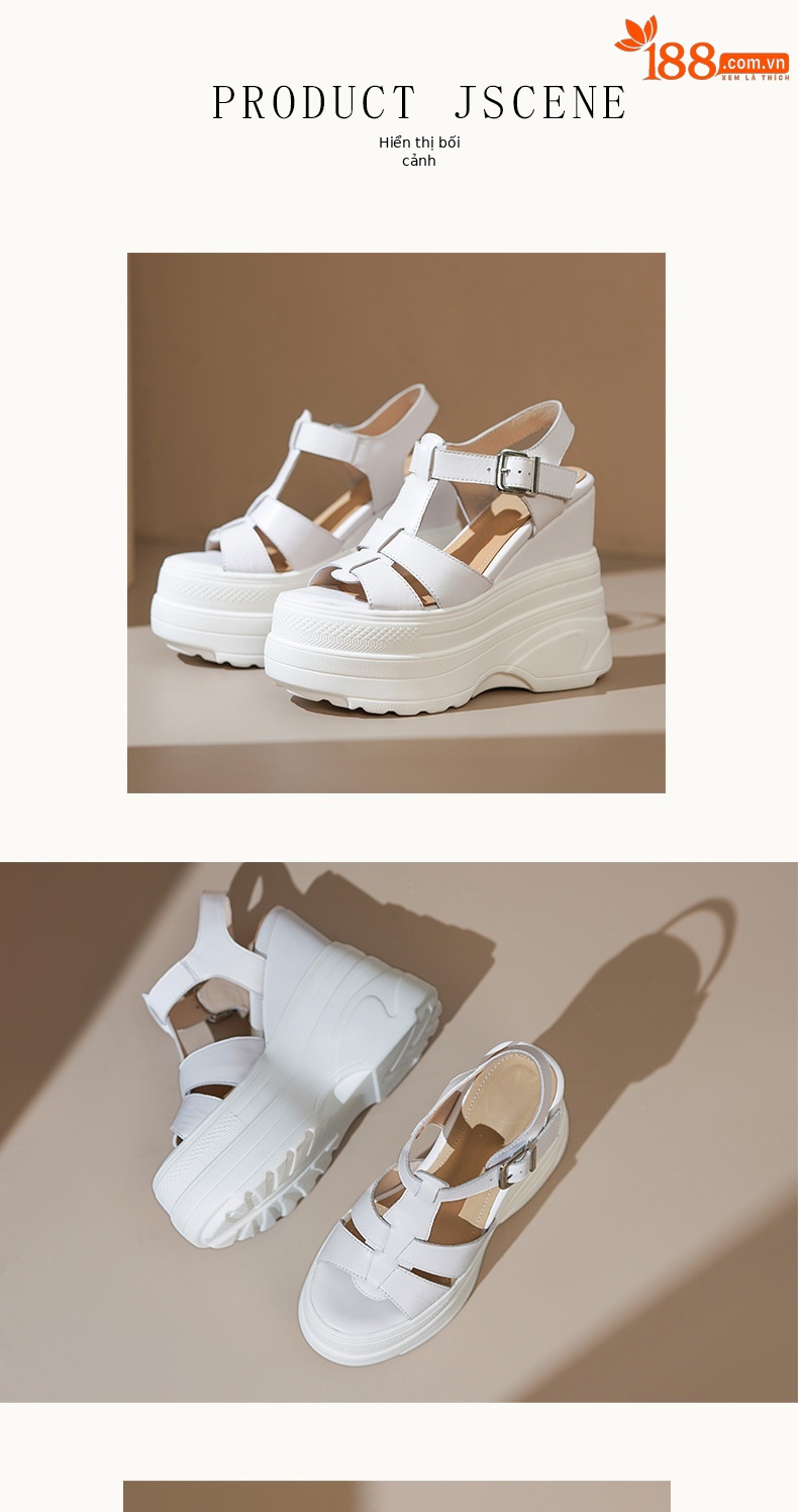 Sandal La Mã nữ đế xuồng cao 14 cm, mũi hở, phong cách đường phố — Màu đen, Màu trắng, Màu mơ chi tiết 5