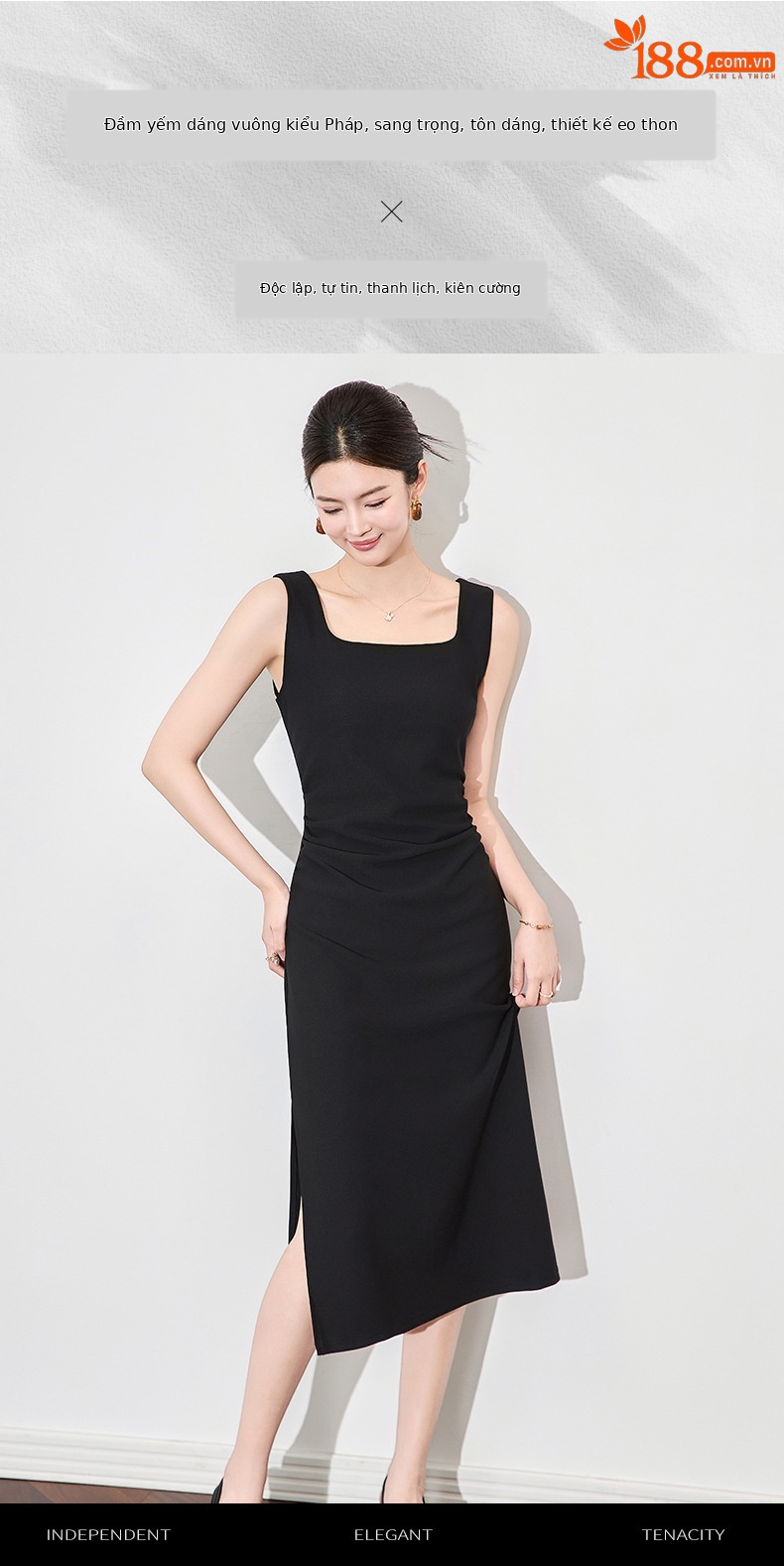 Đầm maxi nữ hai dây cổ vuông kiểu Pháp thắt eo — đen chi tiết 1