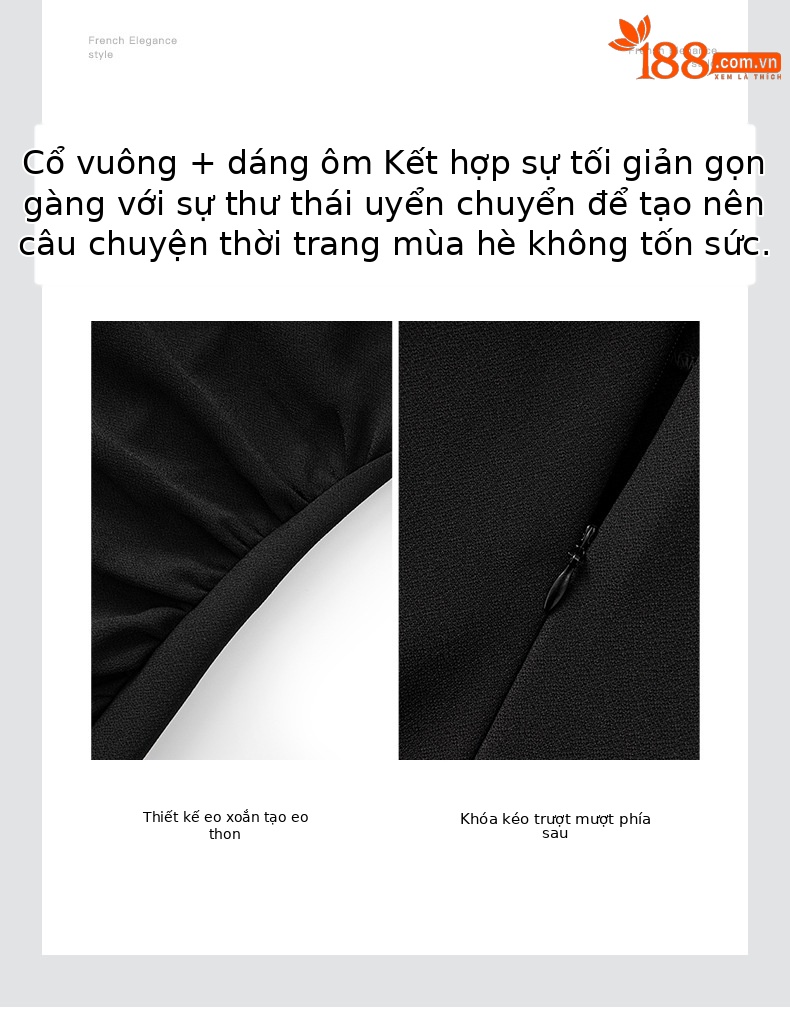 Đầm maxi nữ hai dây cổ vuông kiểu Pháp thắt eo — đen chi tiết 5