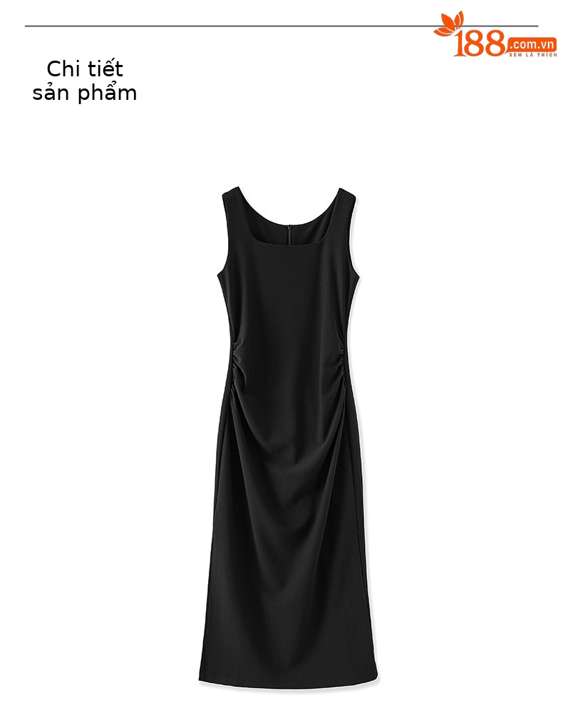 Đầm maxi nữ hai dây cổ vuông kiểu Pháp thắt eo — đen chi tiết 10