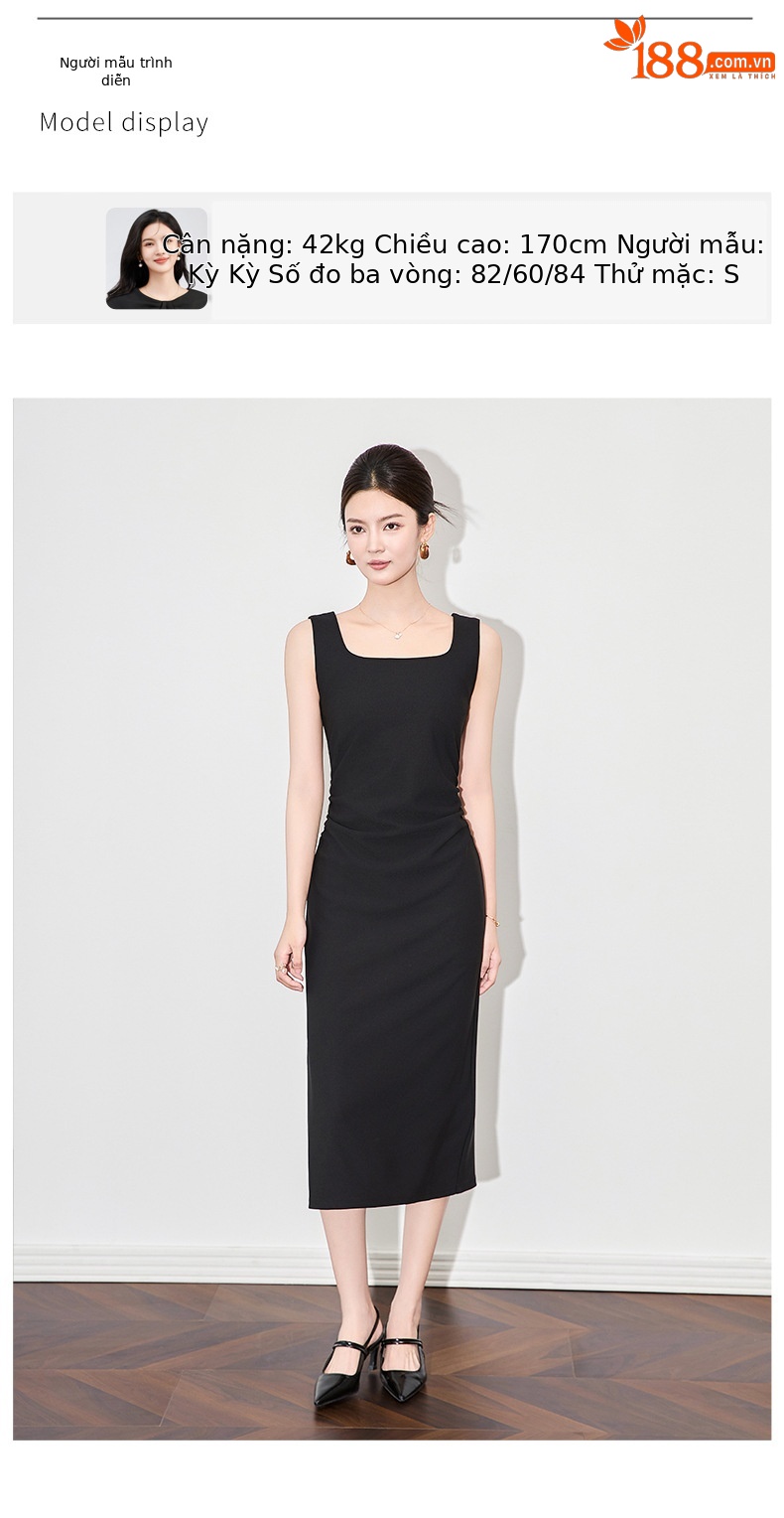 Đầm maxi nữ hai dây cổ vuông kiểu Pháp thắt eo — đen chi tiết 6