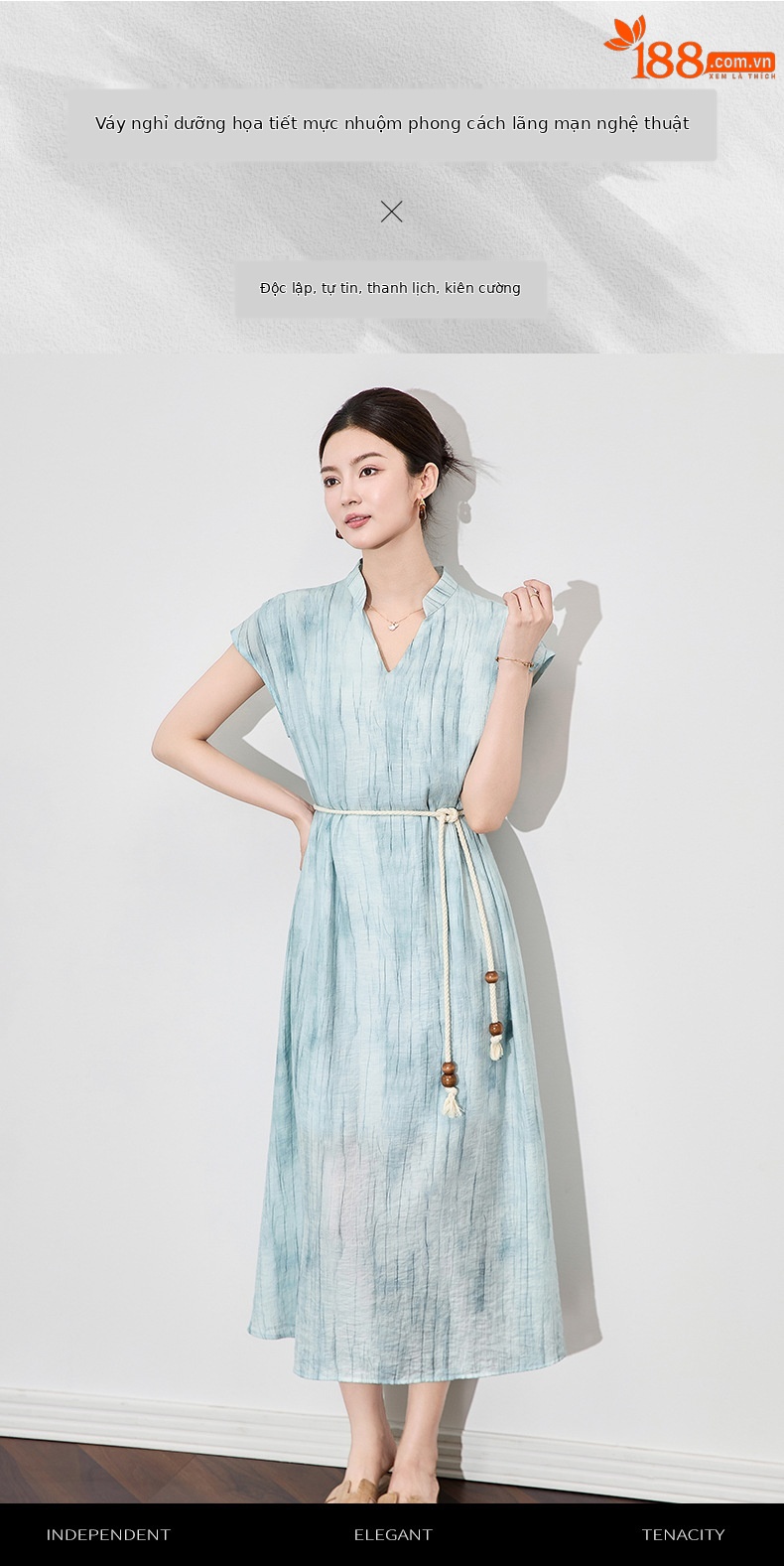 Váy dài nữ họa tiết mực jacquard Tencel phong cách nghỉ dưỡng mùa hè — Màu xanh lam chi tiết 1