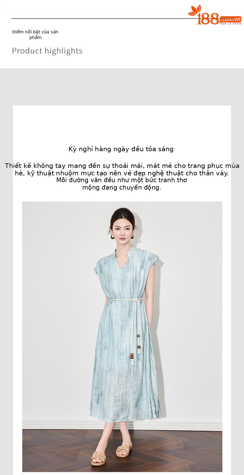Váy dài nữ họa tiết mực jacquard Tencel phong cách nghỉ dưỡng mùa hè — Màu xanh lam chi tiết 4