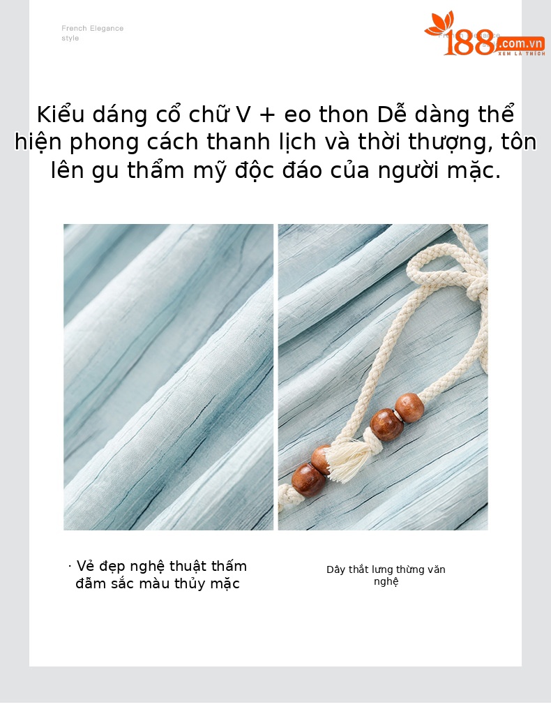 Váy dài nữ họa tiết mực jacquard Tencel phong cách nghỉ dưỡng mùa hè — Màu xanh lam chi tiết 5