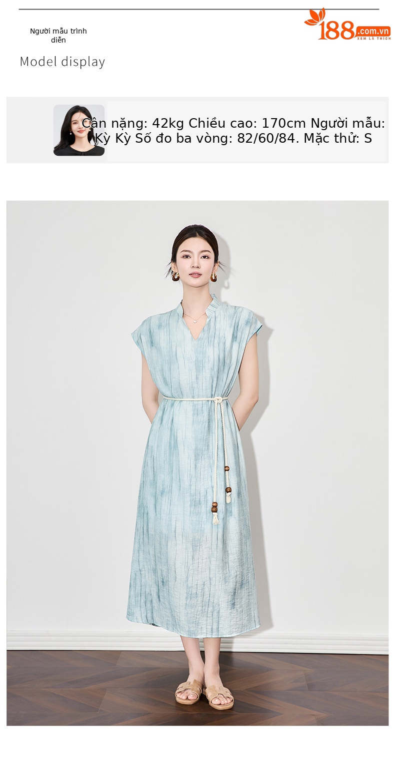 Váy dài nữ họa tiết mực jacquard Tencel phong cách nghỉ dưỡng mùa hè — Màu xanh lam chi tiết 6