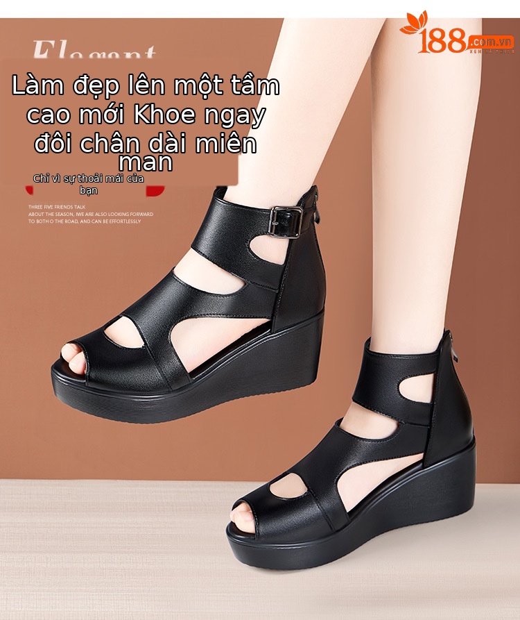 Sandal peep toe nữ đế xuồng cao gót vuông phong cách La Mã — Màu đen chi tiết 3