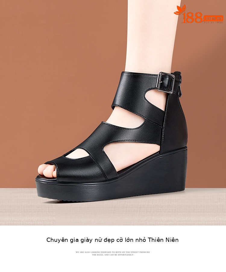 Sandal peep toe nữ đế xuồng cao gót vuông phong cách La Mã — Màu đen chi tiết 10