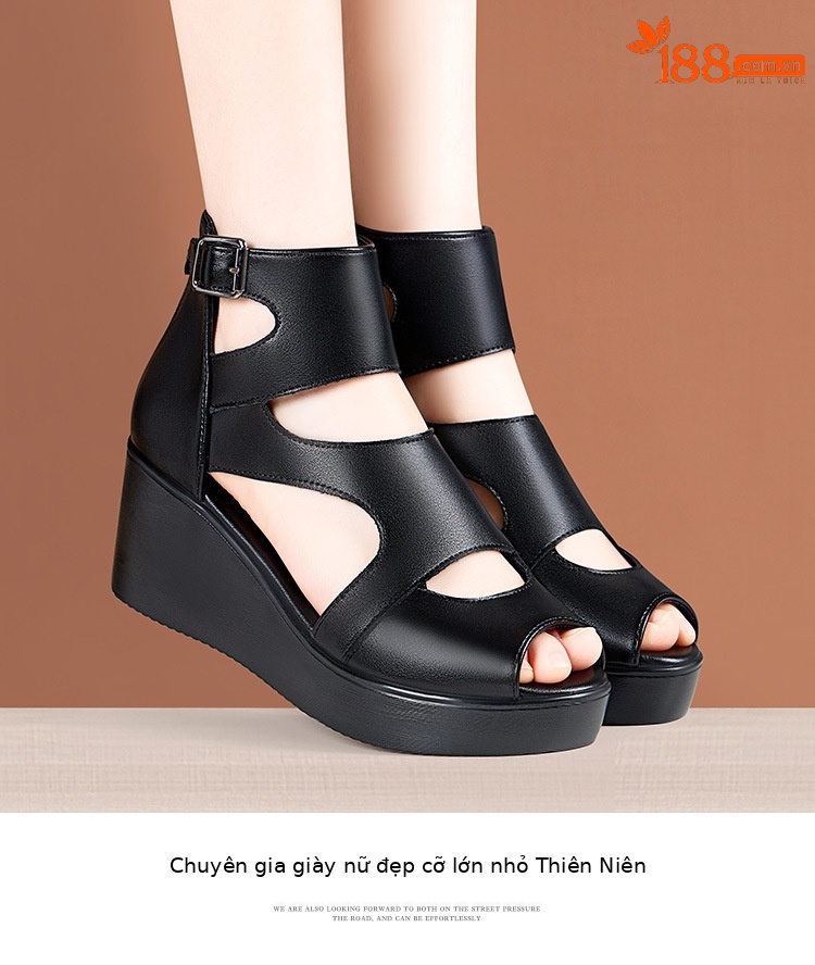 Sandal peep toe nữ đế xuồng cao gót vuông phong cách La Mã — Màu đen chi tiết 11