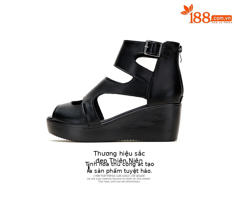 Sandal peep toe nữ đế xuồng cao gót vuông phong cách La Mã — Màu đen chi tiết 14