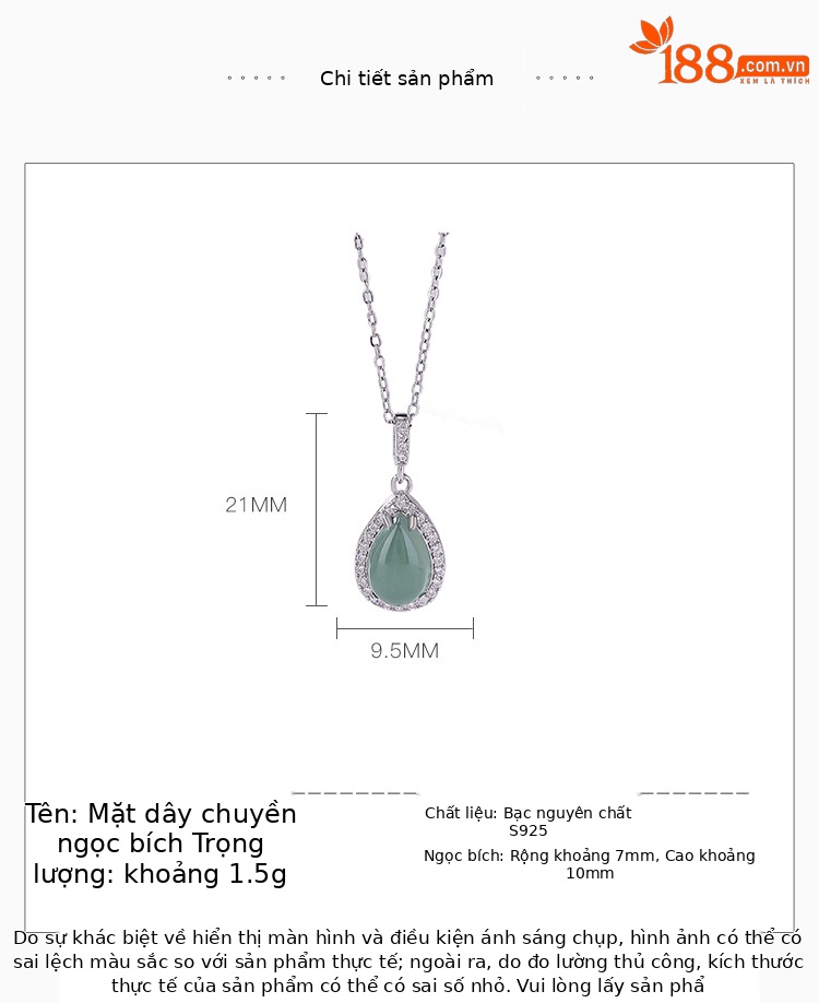 Mặt dây chuyền bạc S925 hình giọt nước đính ngọc bích xanh dương — Mặt dây chuyền đơn (không có dây chuyền) chi tiết 2