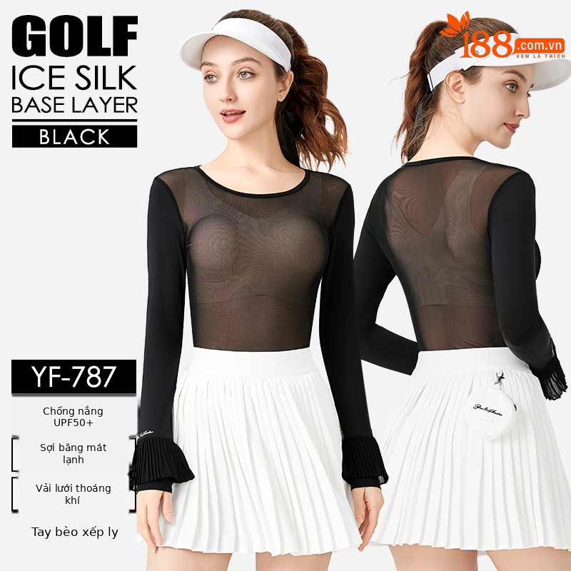 YF787-Áo mặc trong màu đen [Chống nắng UPF50/Tay áo mát lụa băng/Lưới thoáng khí/Tay áo lá sen xếp ly]