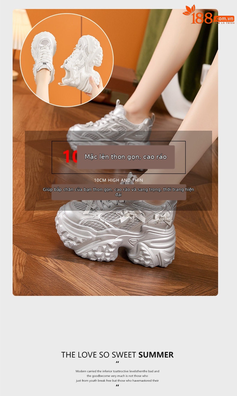 Giày sneaker nữ chạy bộ mesh thoáng mũi tròn đế cao 8 cm — Trắng, Bạc chi tiết 9