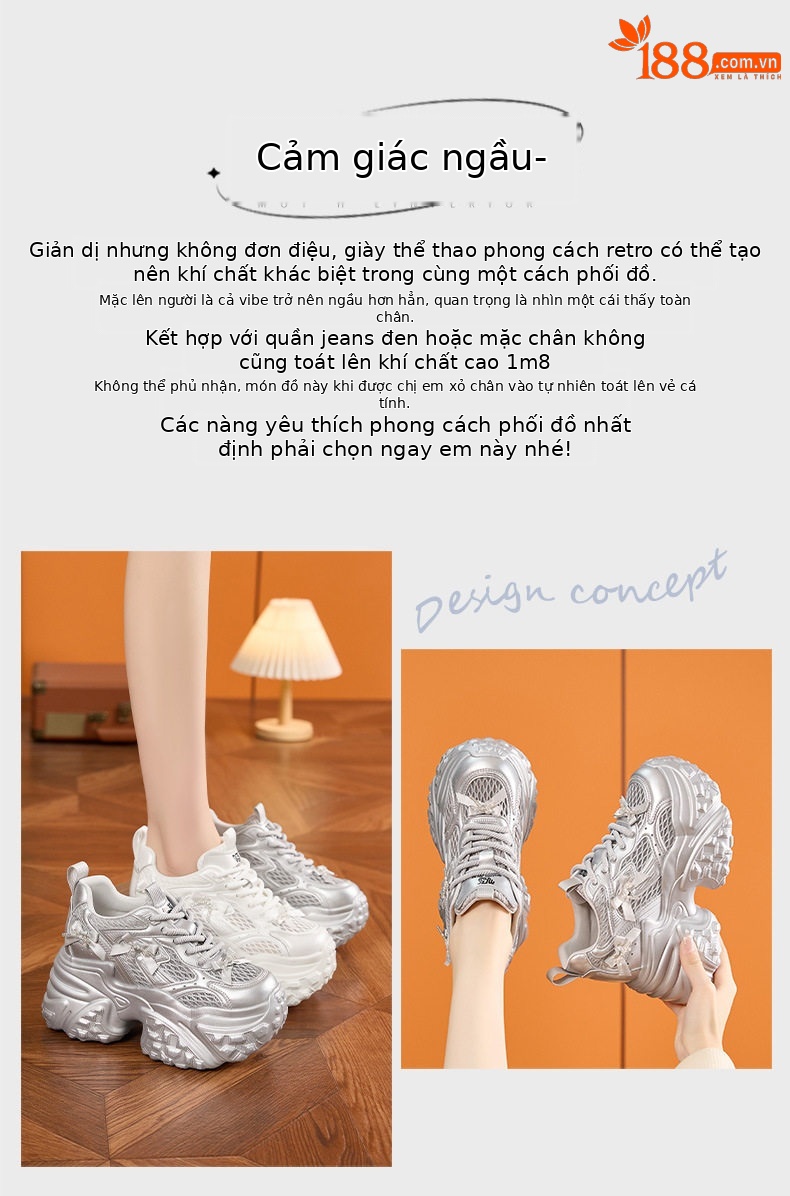 Giày sneaker nữ chạy bộ mesh thoáng mũi tròn đế cao 8 cm — Trắng, Bạc chi tiết 4