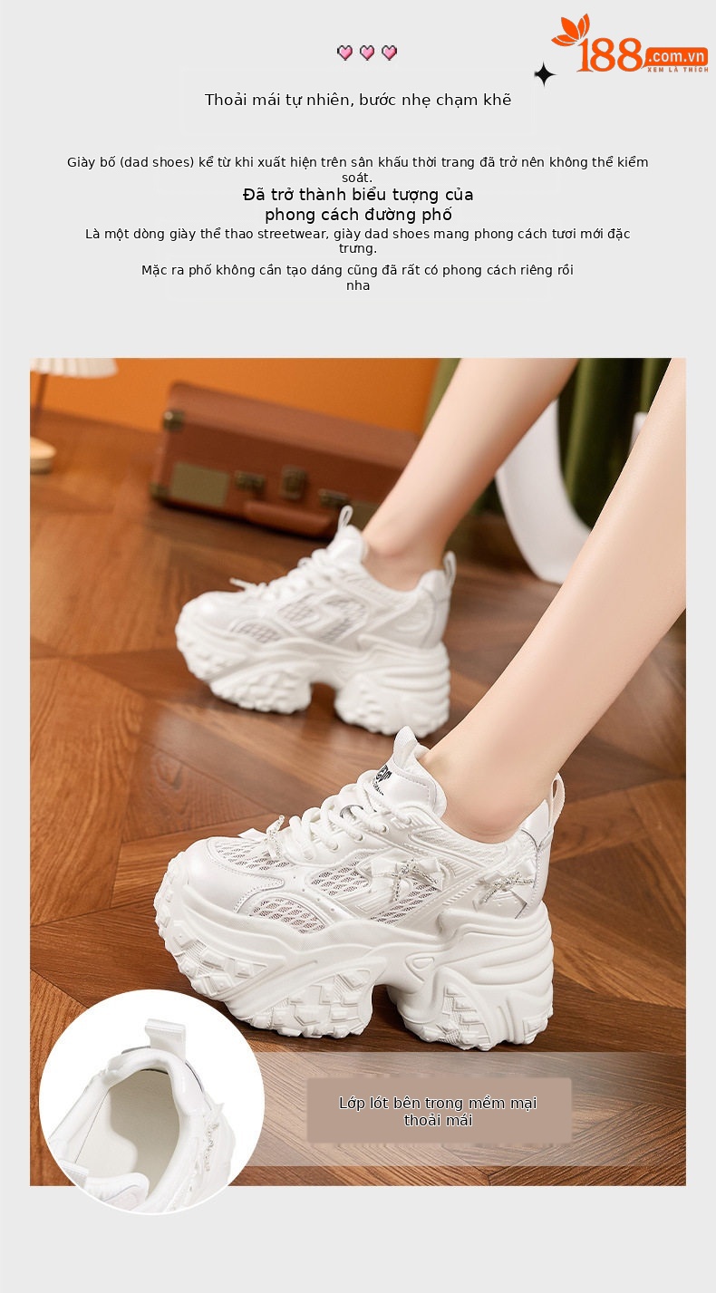 Giày sneaker nữ chạy bộ mesh thoáng mũi tròn đế cao 8 cm — Trắng, Bạc chi tiết 5