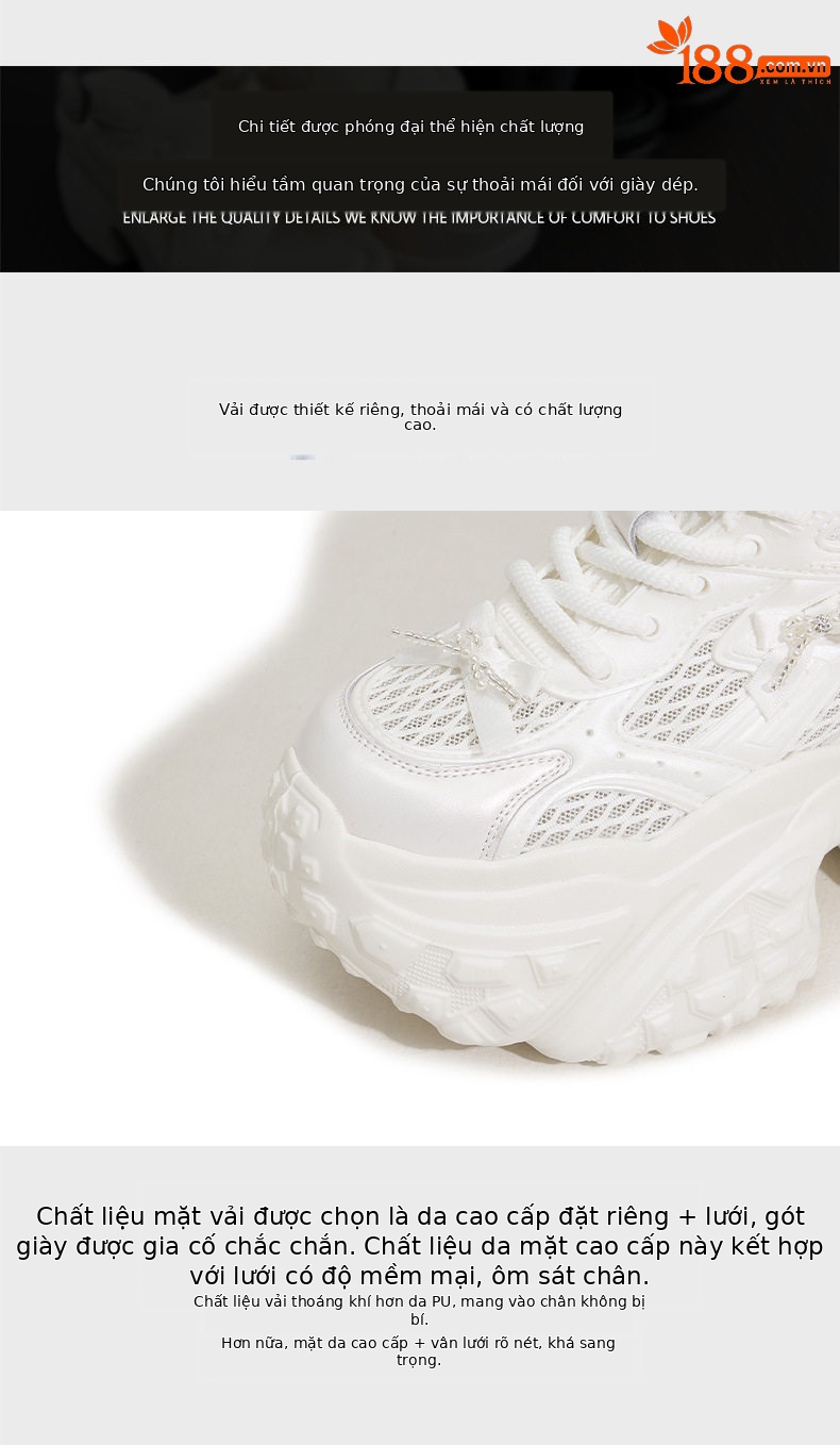 Giày sneaker nữ chạy bộ mesh thoáng mũi tròn đế cao 8 cm — Trắng, Bạc chi tiết 6