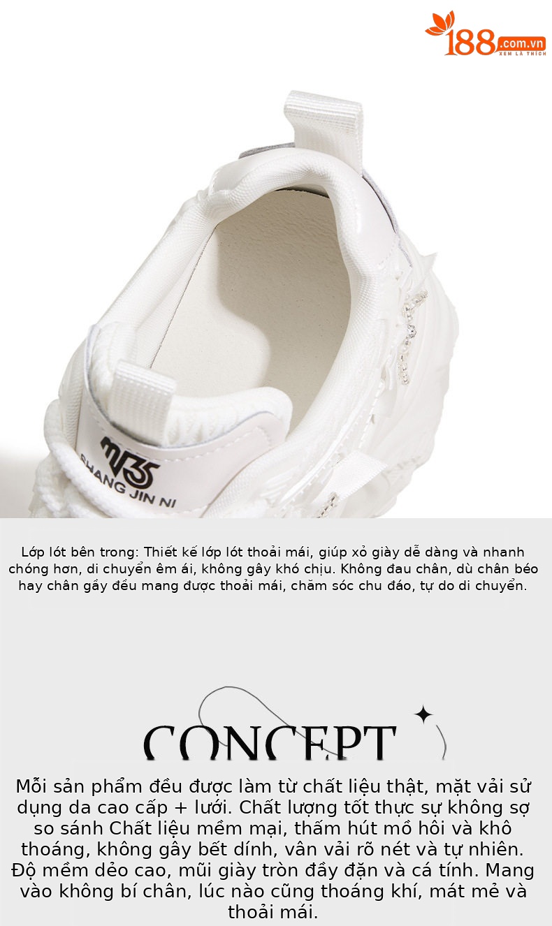 Giày sneaker nữ chạy bộ mesh thoáng mũi tròn đế cao 8 cm — Trắng, Bạc chi tiết 8
