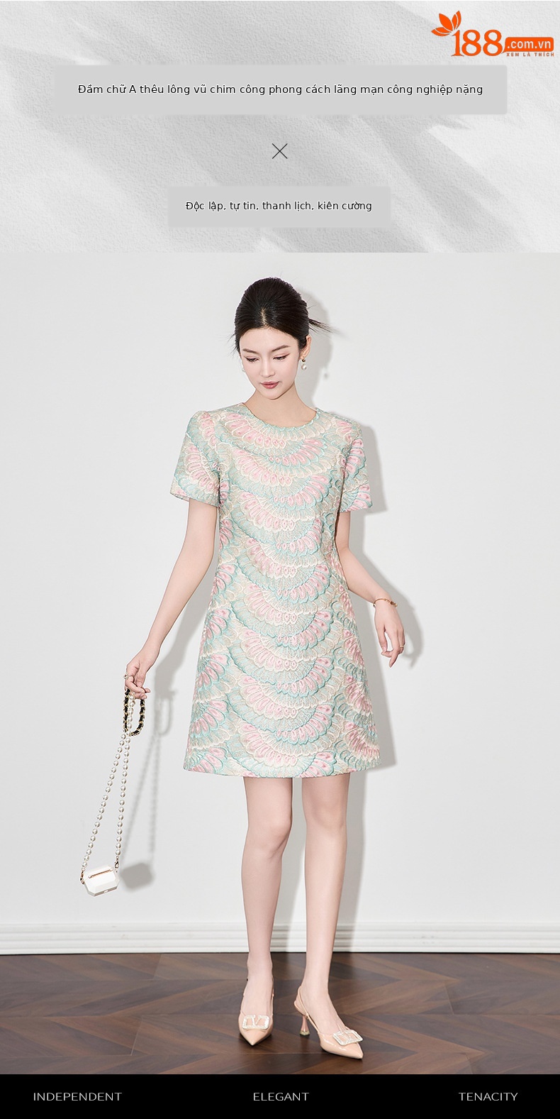 Váy maxi nữ thêu họa tiết lông vũ organza tay ngắn — mơ chi tiết 1