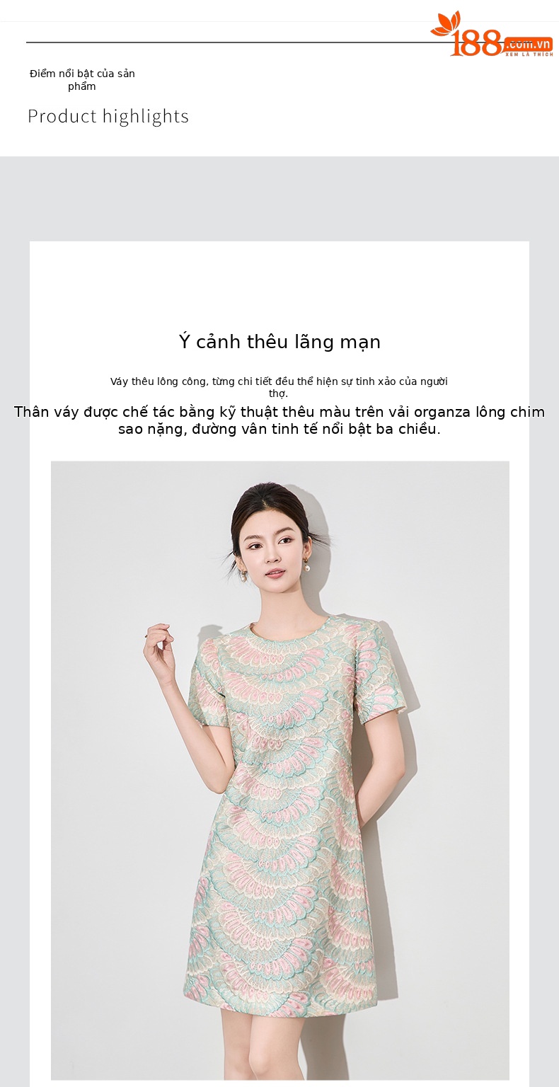 Váy maxi nữ thêu họa tiết lông vũ organza tay ngắn — mơ chi tiết 4