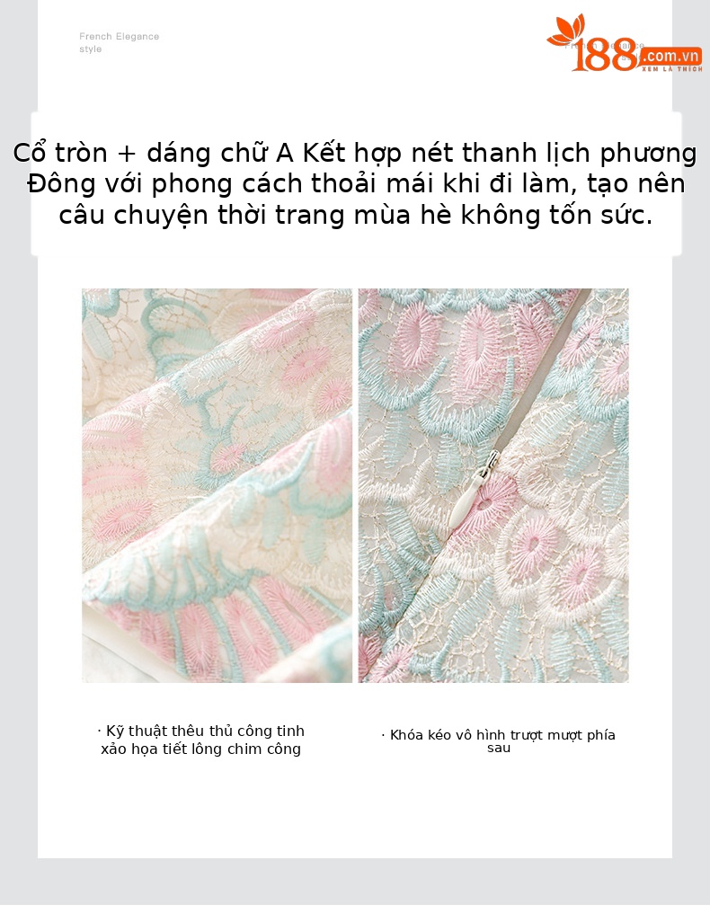 Váy maxi nữ thêu họa tiết lông vũ organza tay ngắn — mơ chi tiết 5