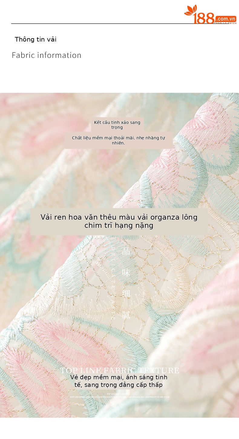 Váy maxi nữ thêu họa tiết lông vũ organza tay ngắn — mơ chi tiết 3