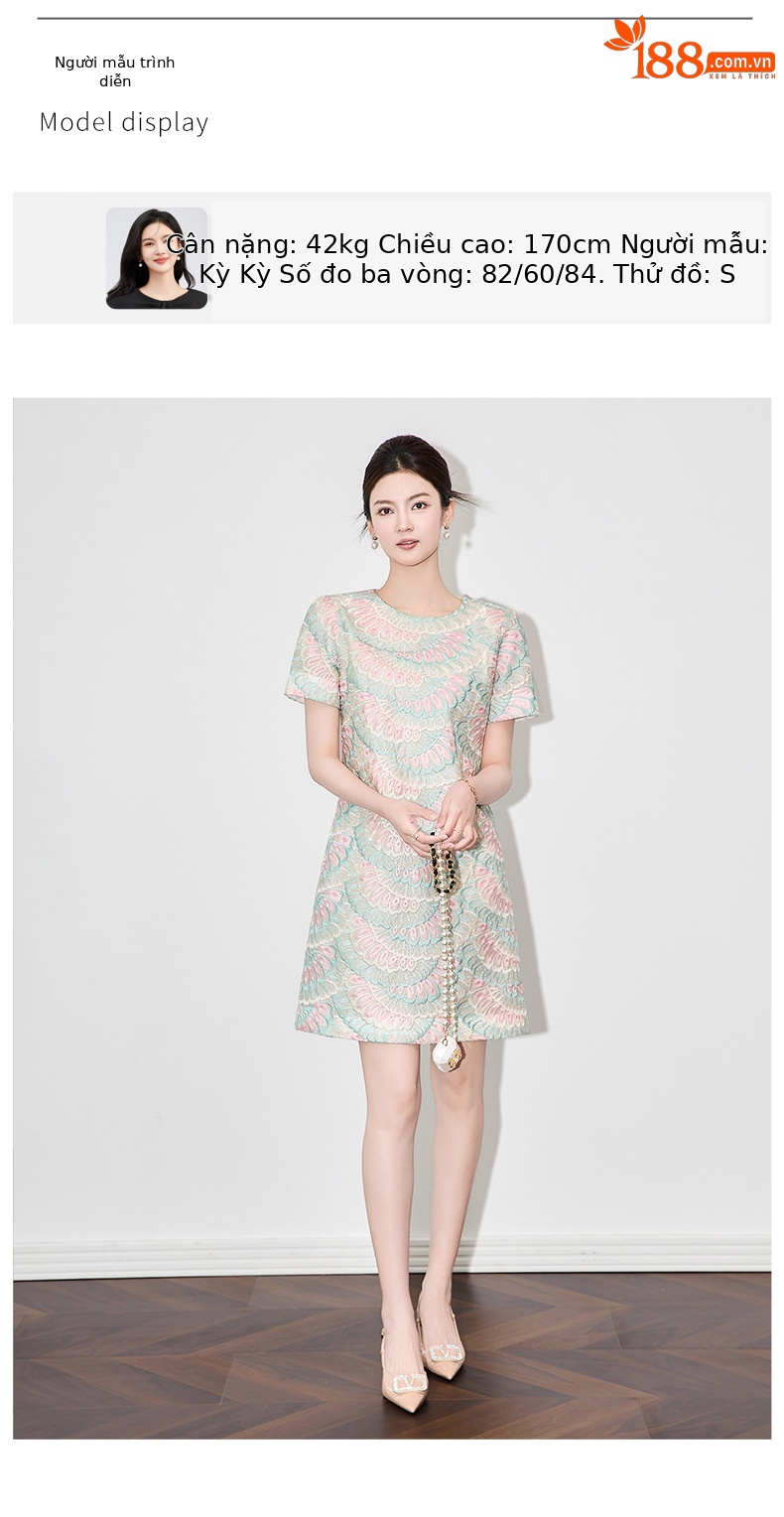 Váy maxi nữ thêu họa tiết lông vũ organza tay ngắn — mơ chi tiết 6