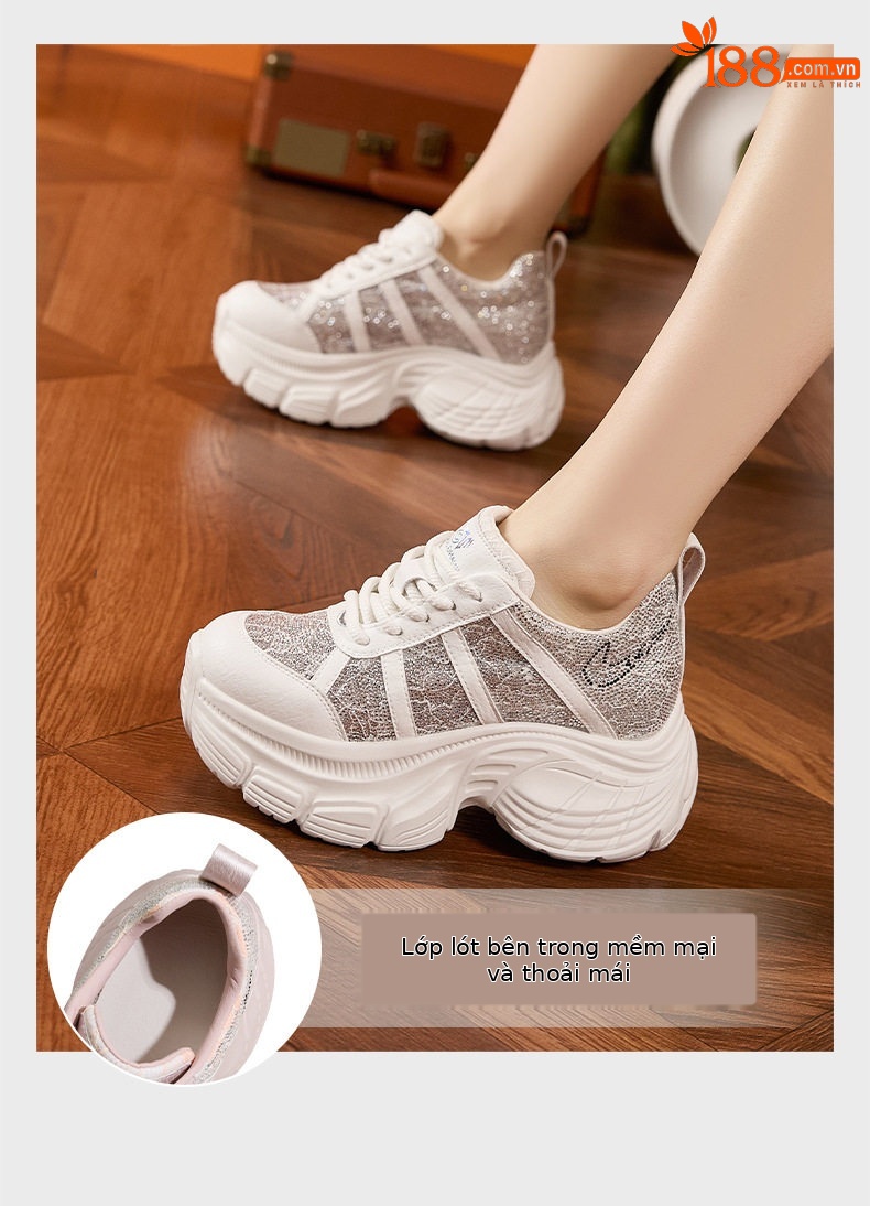 Giày sneaker nữ chunky đế dày rhinestone phong cách đế xuồng, gót siêu cao 8cm, form mũi tròn, cổ thấp, dây buộc — Hồng, Bạc, Trắng chi tiết 5