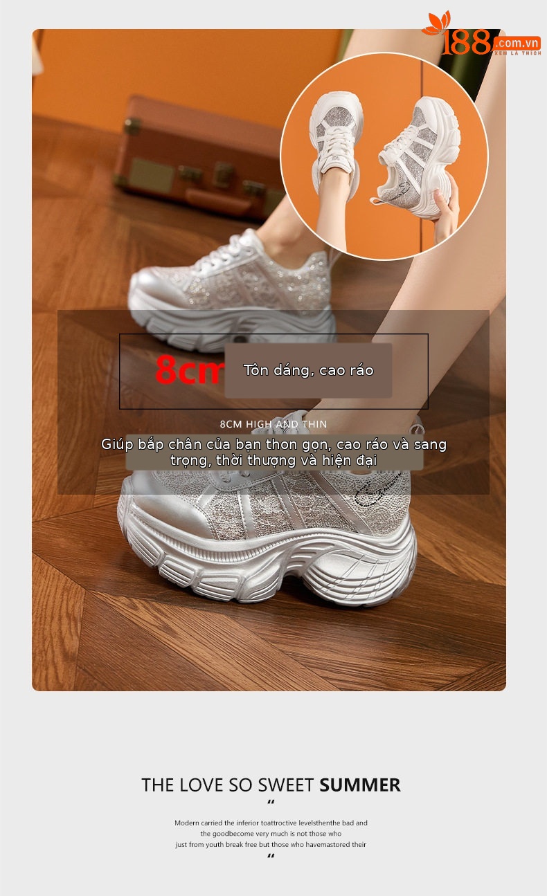 Giày sneaker nữ chunky đế dày rhinestone phong cách đế xuồng, gót siêu cao 8cm, form mũi tròn, cổ thấp, dây buộc — Hồng, Bạc, Trắng chi tiết 9