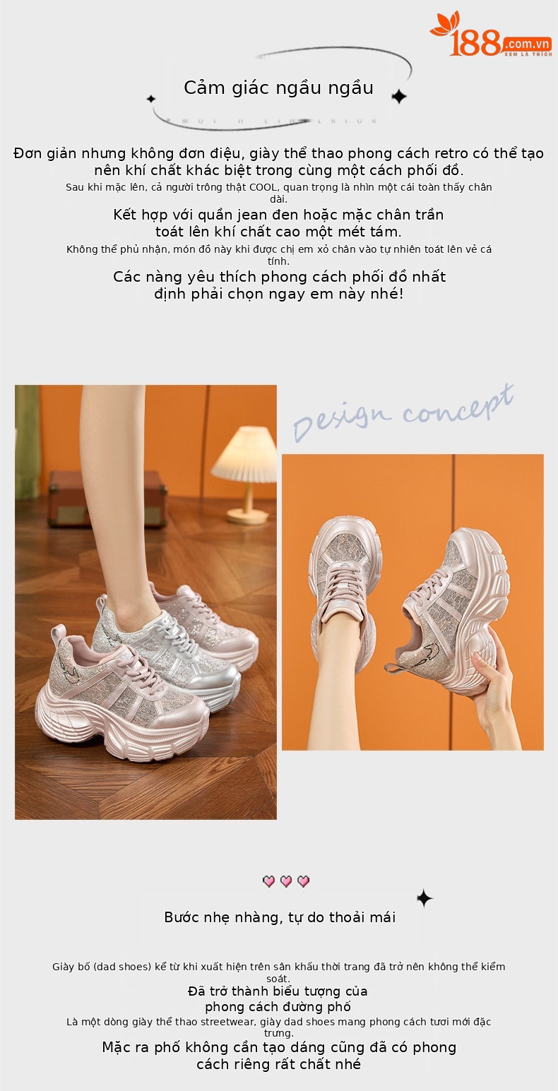 Giày sneaker nữ chunky đế dày rhinestone phong cách đế xuồng, gót siêu cao 8cm, form mũi tròn, cổ thấp, dây buộc — Hồng, Bạc, Trắng chi tiết 4