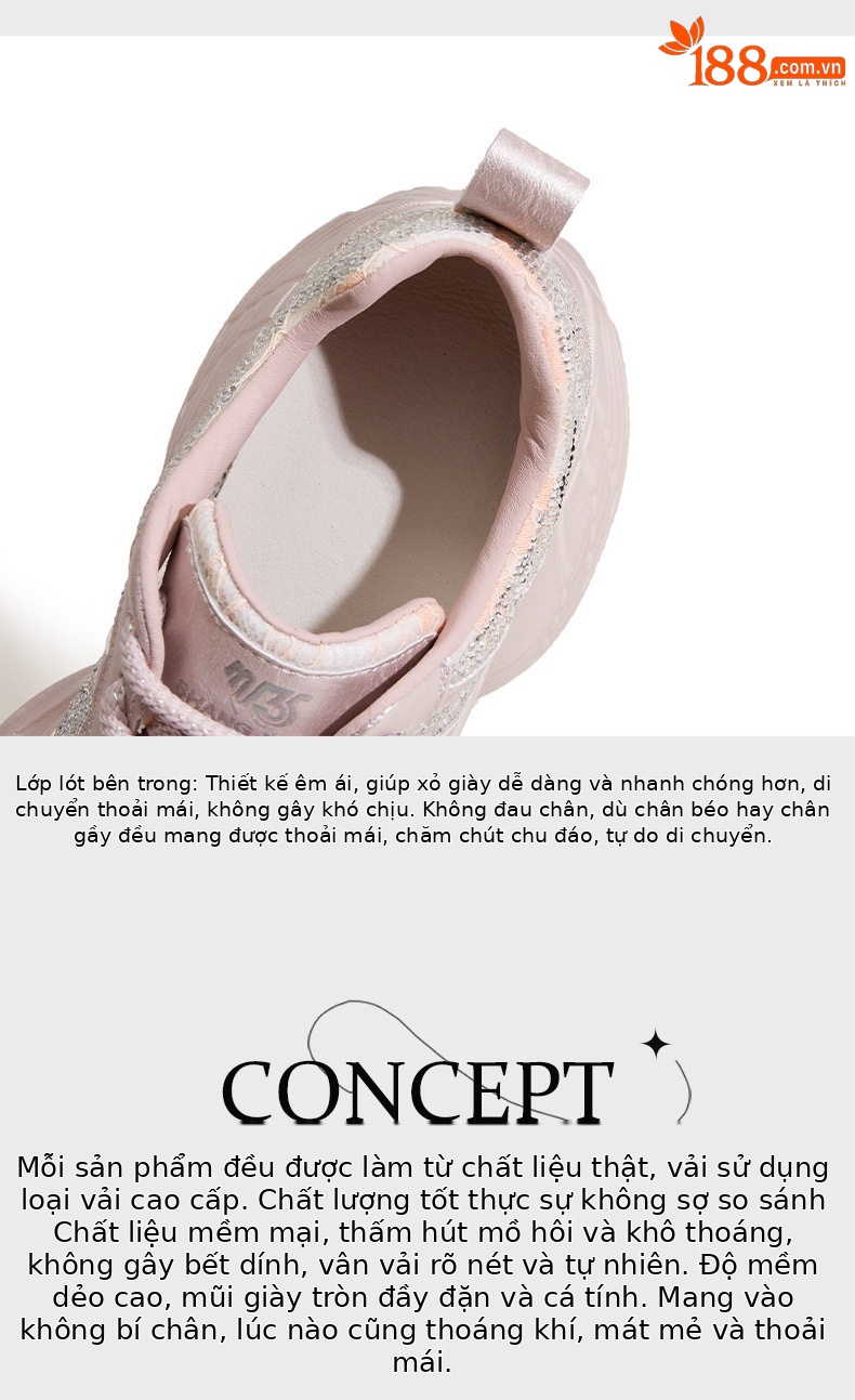 Giày sneaker nữ chunky đế dày rhinestone phong cách đế xuồng, gót siêu cao 8cm, form mũi tròn, cổ thấp, dây buộc — Hồng, Bạc, Trắng chi tiết 8