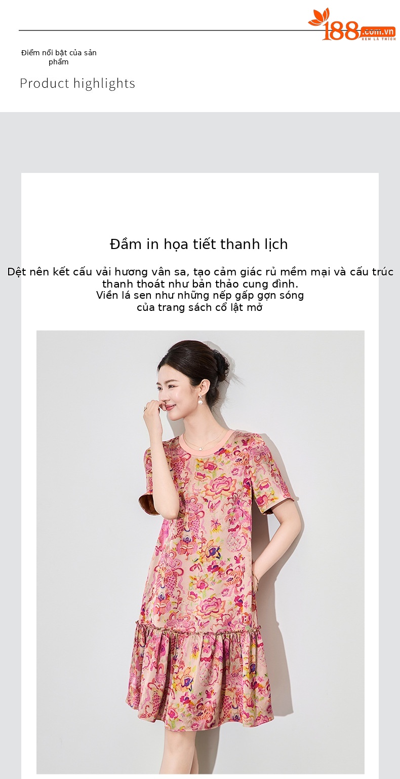 Váy ngắn tay nữ phong cách cung đình cổ tròn viền lá sen chất lụa mây thơm — Màu hoa chi tiết 4