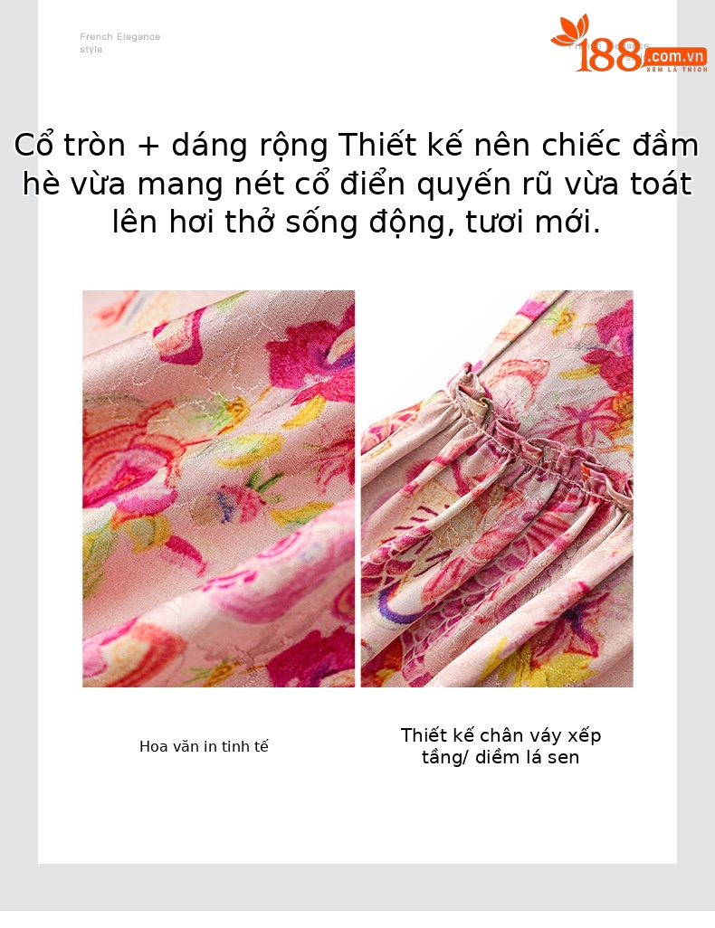 Váy ngắn tay nữ phong cách cung đình cổ tròn viền lá sen chất lụa mây thơm — Màu hoa chi tiết 5