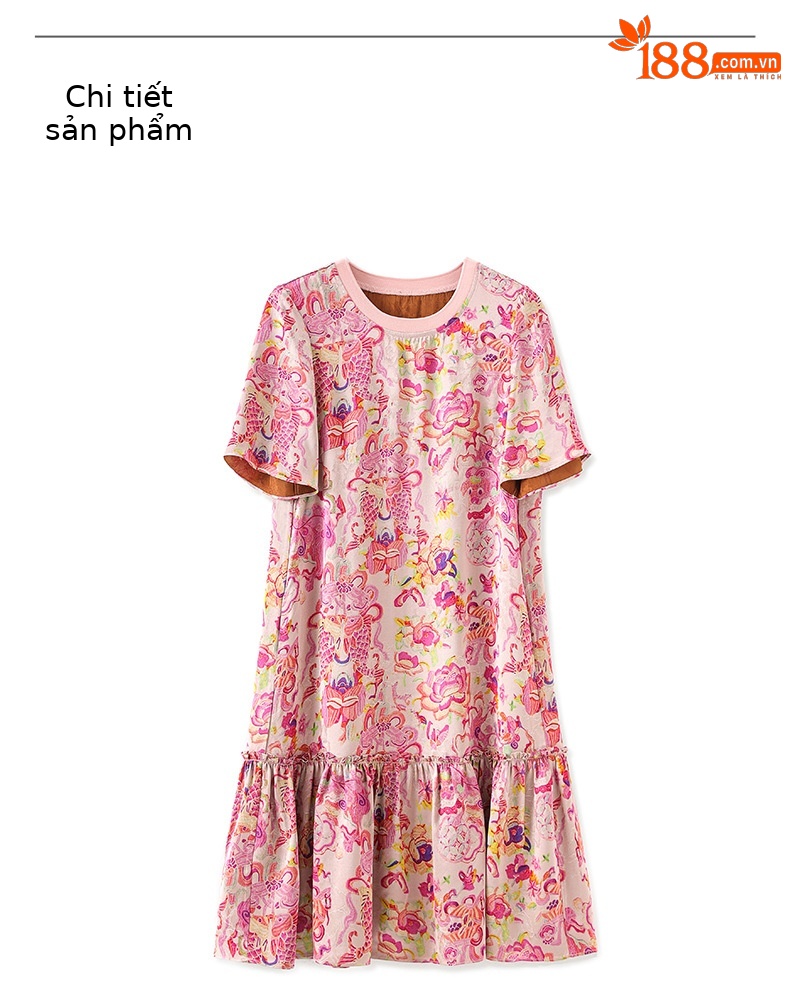 Váy ngắn tay nữ phong cách cung đình cổ tròn viền lá sen chất lụa mây thơm — Màu hoa chi tiết 11