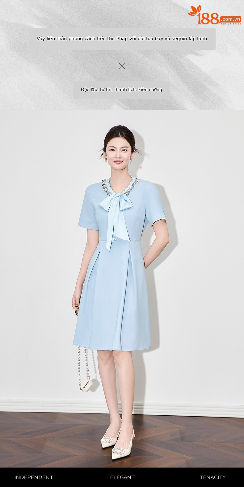 Đầm liền nữ cổ chữ V xếp ly tay lỡ, chất liệu sequin lấp lánh kiểu dáng quý bà — Màu xanh lam nhạt chi tiết 1
