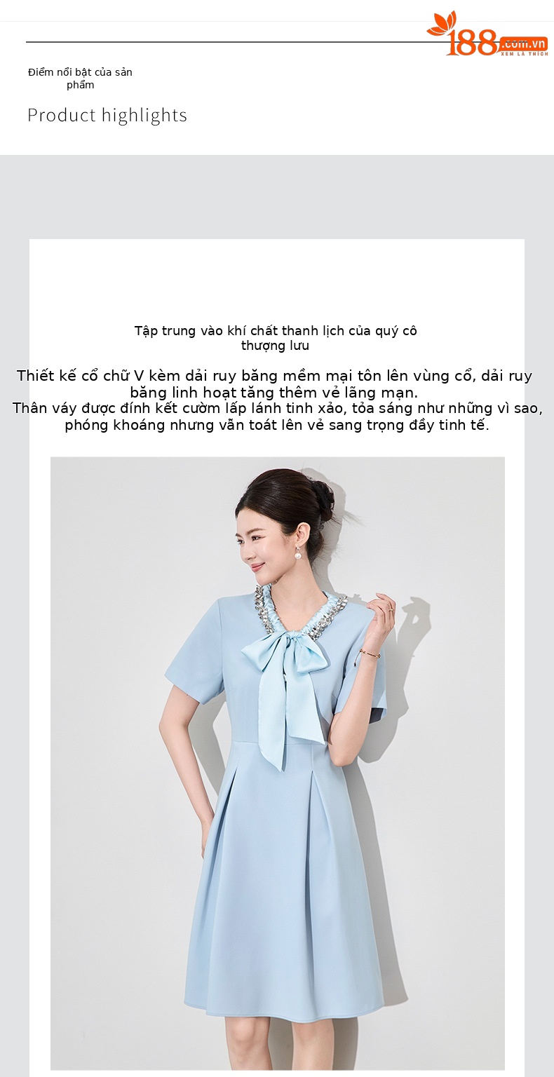 Đầm liền nữ cổ chữ V xếp ly tay lỡ, chất liệu sequin lấp lánh kiểu dáng quý bà — Màu xanh lam nhạt chi tiết 4