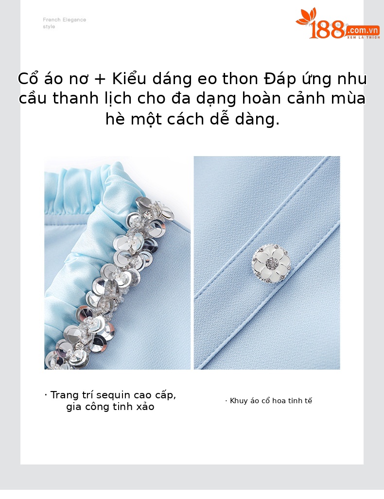 Đầm liền nữ cổ chữ V xếp ly tay lỡ, chất liệu sequin lấp lánh kiểu dáng quý bà — Màu xanh lam nhạt chi tiết 5
