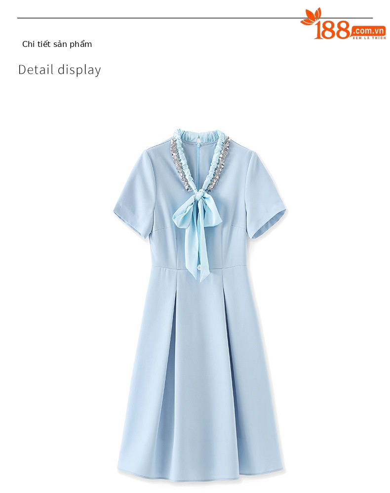 Đầm liền nữ cổ chữ V xếp ly tay lỡ, chất liệu sequin lấp lánh kiểu dáng quý bà — Màu xanh lam nhạt chi tiết 15