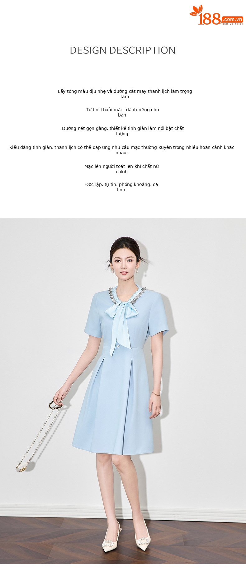 Đầm liền nữ cổ chữ V xếp ly tay lỡ, chất liệu sequin lấp lánh kiểu dáng quý bà — Màu xanh lam nhạt chi tiết 2