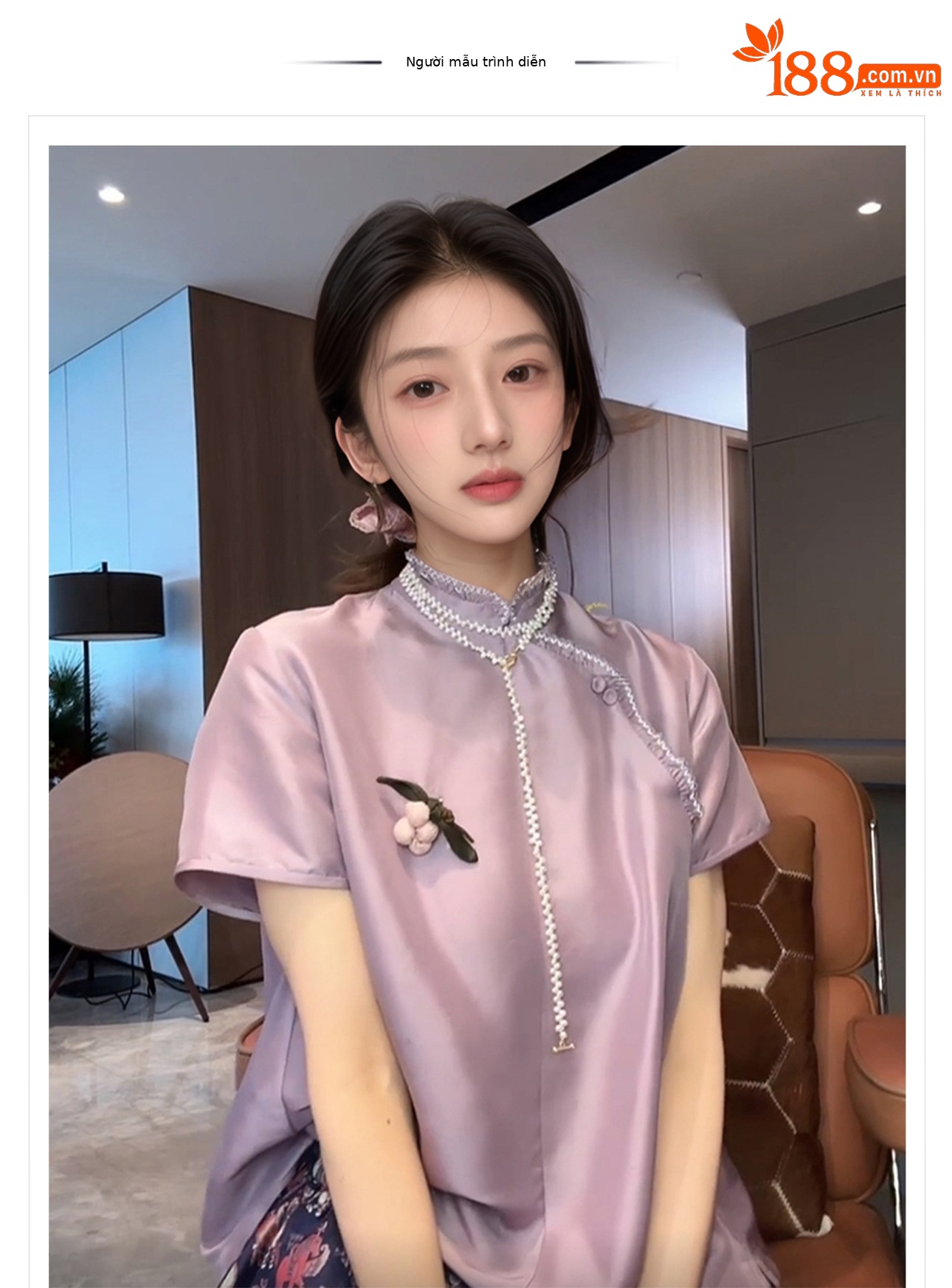 Áo sơ mi lụa tằm kiểu Trung Quốc mới mùa hè, cổ chéo viền ren cài khuy ZX N4002 — Ánh trăng xanh lam, Hoa anh đào, Tím khoai môn chi tiết 1