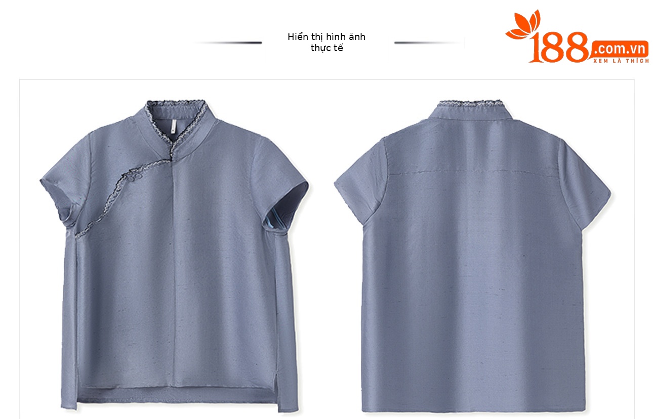Áo sơ mi lụa tằm kiểu Trung Quốc mới mùa hè, cổ chéo viền ren cài khuy ZX N4002 — Ánh trăng xanh lam, Hoa anh đào, Tím khoai môn chi tiết 4