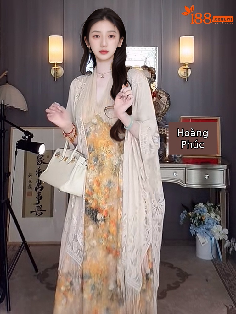 Áo khoác cardigan mỏng kiểu Trung Hoa mới, tay lỡ, tua rua, phối ngoài khăn choàng rỗng — Màu trắng be