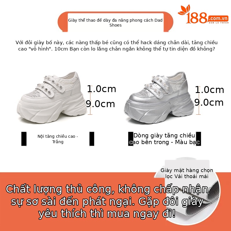 Giày sneaker nữ đế dày chunky, mặt lưới thoáng khí, gắn đá, dán Velcro — Màu trắng