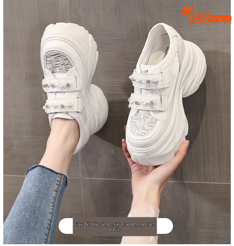 Giày sneaker nữ đế dày chunky, mặt lưới thoáng khí, gắn đá, dán Velcro — Màu trắng chi tiết 1