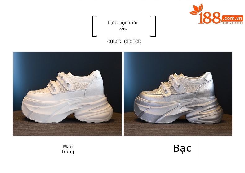 Giày sneaker nữ đế dày chunky, mặt lưới thoáng khí, gắn đá, dán Velcro — Màu trắng chi tiết 2