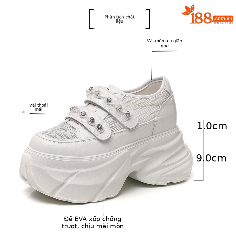 Giày sneaker nữ đế dày chunky, mặt lưới thoáng khí, gắn đá, dán Velcro — Màu trắng chi tiết 3