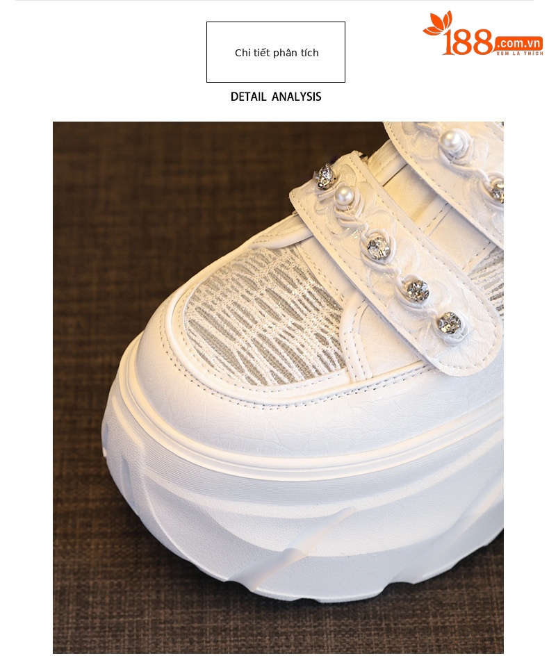 Giày sneaker nữ đế dày chunky, mặt lưới thoáng khí, gắn đá, dán Velcro — Màu trắng chi tiết 7